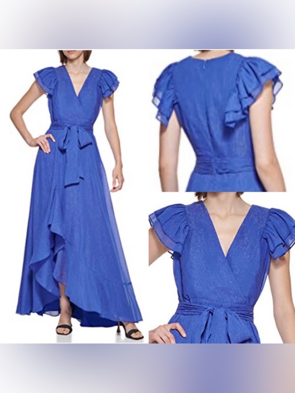 Calvin Klein Women's Ruffle Sleeve Maxi Gown Dress size 14 Color: Royal Lurex